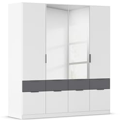 Rauch Möbel Dundee, Kleiderschrank, Farbe Weiß/Grau metallic, Breite 181 cm | Schrank, Mehrzweckschrank 4-türig, Spiegel, 8 Schubladen, für Schlafzimmer, Kinderzimmer, Homeoffice, Garderobe, Flur