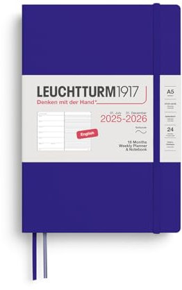 LEUCHTTURM1917 372807 Wochenkalender & Notizbuch Medium (A5) 2026, 18 Monate 07.2025-12.2026, Softcover, Ink, Englisch