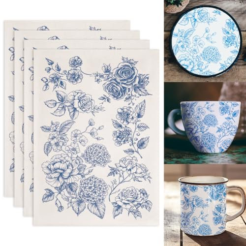 SUPERDANT 4PCS Transfert Ceramique Sous Glaçure pour Poterie Motif Fleurs Roses Hortensias Decalcomanie en Céramique Papier Transfert Sous Glaçure en Céramique pour Poterie Sur Glaçure