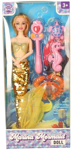 Atoz Muñeca de Sirena Marina con Cola de Lentejuelas, Varita mágica y Accesorios de mar, a Partir de 3 años
