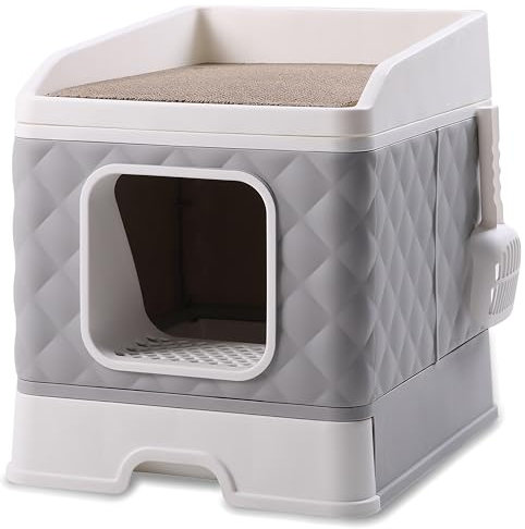 GLOBANI XXL Katzentoilette mit Deckel – Geschlossene Katzenklo mit Schublade, Kratzmatte & Schaufel – Geruchsdicht, hygienisch, ideal für große Katzen - grau (Grau)