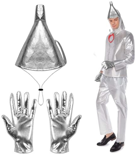 Voccos 2Pcs Silver Funnel Hat Gloves Set for Adult Cute Funnel Helmet with Elastic Strap Thick Plastic Axe Small Halloween Costume Accessories for Boys Girls Man Women Cosplay Party
