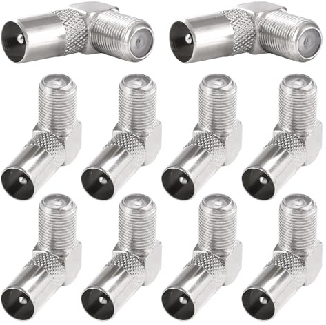 KUOQIY 10 PCS 90 Degree F Female Plug to RF Male Coaxial Aerial Adapter, TV 9.5 Male to F-Type Female Right Angle Converter, Nickel-Plated