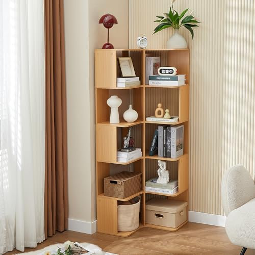 Eckregal Stehend mit 6 Ebenen Standregal Holz Eck Bücherregal L-Förmiges Lagerregal Corner Shelf, Modernes Eckvitrine Eckschrank Offener Blumenregal für Wohnzimmer Schlafzimmr Arbeitszimmere