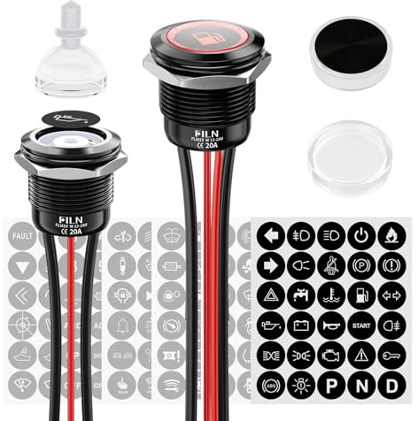 FILN 2StüCk Wasserdichte 19mm Schalter Drucktaster 1NO1NC 12V-24V Rot LED | Metall Vorverdrahtet mit Kabel IP67 Druckschalter Mit 185 Austauschbaren Symbolen Für Auto,Boot,Industrie