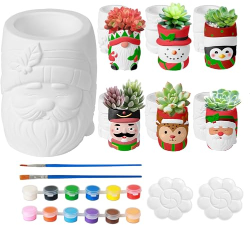 ChilArt Christmas Flower Pot Painting Set, 4 Pieces Paint Your Own Pots Craft Set, Paintable Ceramic Pots with Colours, Brush Palettes, Ideal Personalised Gift for Creative Children