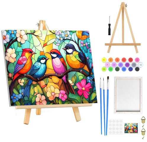 DOMROM Kit de pintura por números para adultos principiantes enmarcado con caballete de madera, coloridos kits de pintura por números para adultos en lienzo, flores, pintura al óleo acrílica fácil por