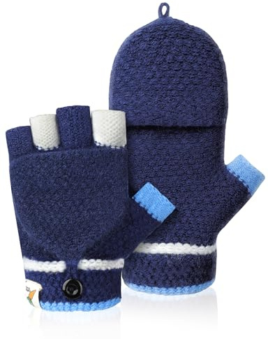 Kiiwah Guanti Senza Dita con Copertura per Bambino Bambina 2-5 Anni, Guanti Invernali Bambino Mezze Dita Termici Touch Screen (Blu navy)