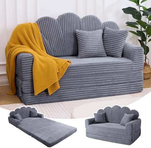 IRONCK Canapé 2 Places en Velours côtelé, Petit Canapé-Lit Convertible Pliable avec 2 Coussins et Poches Latérales, sans Montage, pour Salon, Chambre à Couche,153 x 267cm, Gris