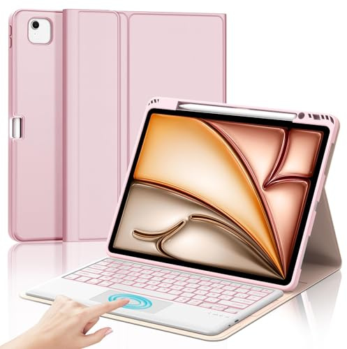 Coque Clavier pour iPad Air 13 Pouces M4 2026/M3 2025/M2 2024/Air 6/ Air 7 | Pavé tactile 7 Couleurs Rétroéclairées, Étui Clavier Détachable Bluetooth sans Fil, AZERTY Français avec Porte Crayon, Rose