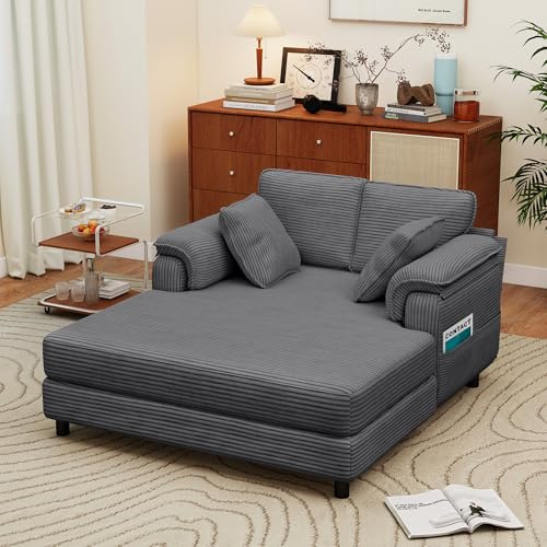Winlice 58 Corduroy Chaise Lounge Sofa Bed,Oversized Comfy Upholstered Sleeper Couch with Wooden & Iron Frame & 4 Storage Pockets,for Living Room,Study,Dark Grey