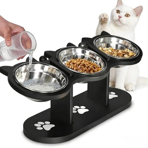 3-in-1 Raised Cat Bowls, 15° Tilted Anti-Vomiting, Stainless Steel | Cat Feeding Station with Wood Stand, Tilted Anti-Vomiting, Whisker Friendly, 3 Stainless Bowls, 400ml, for Small Dogs, Black
