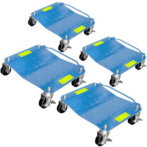 LARBANKE Lot de 4 chariots de roue de voiture de 2722 kg avec bande réfléchissante, chariot de véhicule robuste avec roulettes verrouillables et poignée, pour déménagement de voiture, garage