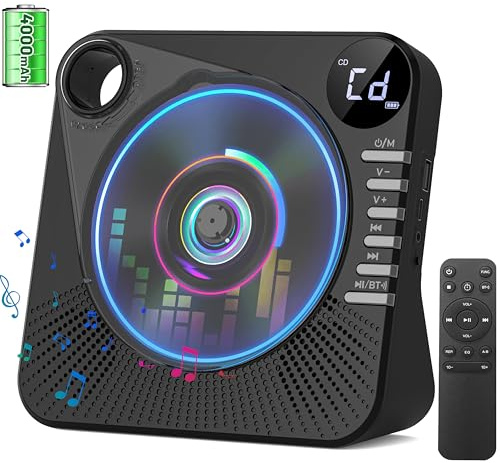 Rechargeable CD Player Portable with Bluetooth,4000mAh HiFi Speakers,Wireless CD Players with Remote Control,A-B Repeat, LED Display, Support CD/USB/AUX/3.5mm Jack CD Player for Home(Black)