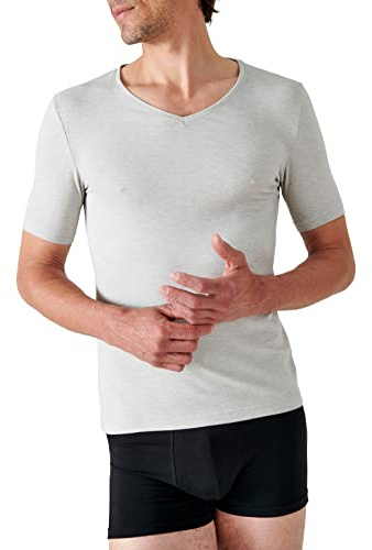 Damart Herren Kurzärmliges T-Shirt aus Thermolactyl-Interlock-Strick mit V-Ausschnitt Thermounterwäsche-Oberteil, Grau Meliert, XL