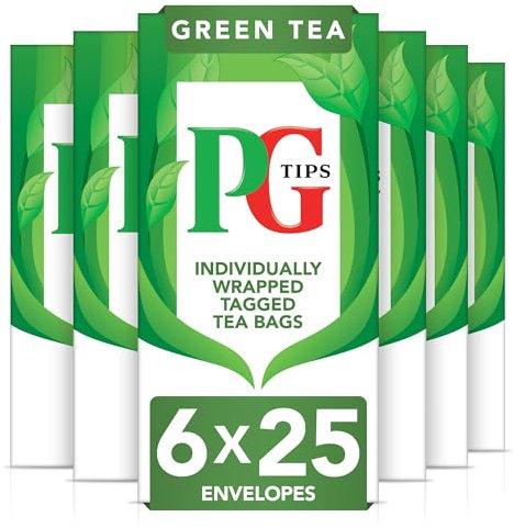 PG Tips | Green Tea Bags Bulk | Individually Wrapped Tea Bags | String & Tagged | Smooth & Refreshing | 6 Packs | 150 Plant Based Biodegradable Envelopes