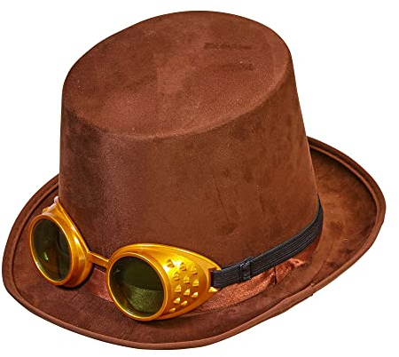 Widmann 06907 - Zylinder Steampunk, mit Brille, Braun, Hut, Kopfschmuck, Accessoire, Mottoparty, Karneval