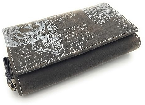 Jockey Club echt Büffel Vollleder Geldbörse, lang, naturbelassenes Hunterleder Portemonnaie Totenkopf Schädel Skull mit RFID Schutz