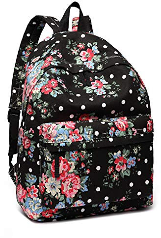 KONO Schulrucksack Mädchen Rucksack Schulranzen Schultasche Damen Canvas Backpack Blume Tupfen Daypack Schultertasche Teenager School Tasche Vintage für Arbeit Schule Reise (Schwarz)