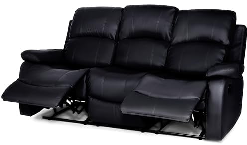 Bravich 3 Seater Recliner Sofa, Manual Reclining Faux Leather Couch, Padded Settee with Footrest, Steel Frame, Three Seater for Living Room, Black