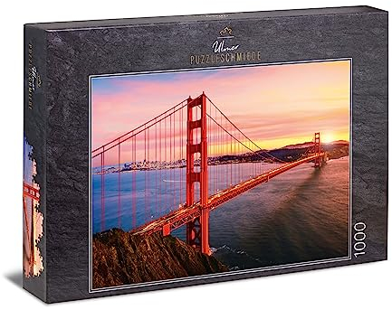 Ulmer Puzzleschmiede - Puzzle „Golden Gate Bridge“ – klassisches 1000 Teile Puzzle - Made in Germany - Das Wahrzeichen der USA, die Brücke über die Bucht von San Francisco in der Abendsonne
