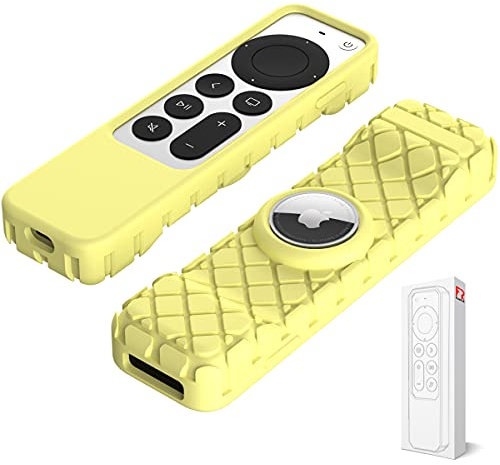2021 RubRab Anti-Lost Protective Case for Apple Siri Remote Anti-Slip Durable Silicon Shockproof Rubber Cover for Apple 4K HD TV Siri Remote (2nd Generation Applicable) AirTag Applicable (Yellow)