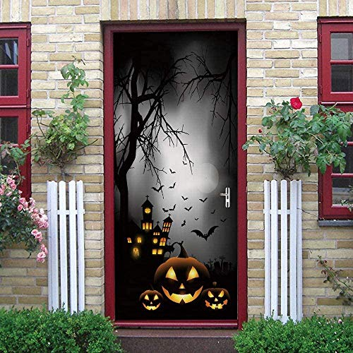 LuSeven 3D Türaufkleber für Innentüren Halloween Kürbiskopf Fledermaus toter Baum 50x125cm Türfolie Selbstklebend 3D Türposter, Wandbild, Abnehmbare, für Wohnzimmer Tür, Küche, Schlafzimmer, Bad Deko