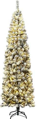 COSTWAY Albero di Natale Slim 135/180/225 cm, Albero di Natale Innevato con 150/250/350 Luci LED, 242/500/641 Rami e Base di Metallo, Decorazione Natalizia per Casa e Negozio (225 CM)