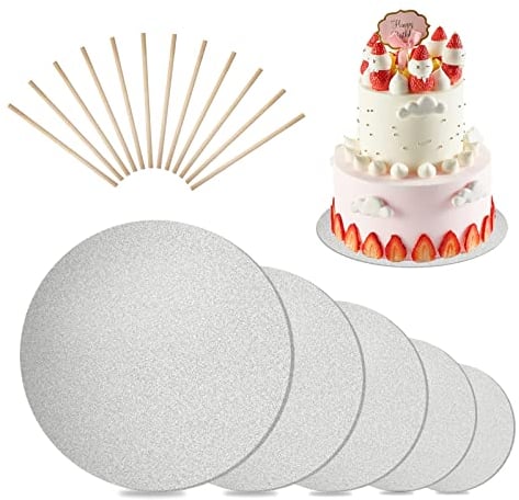 SUPGOMAX Papier Cake Board Set, 5 Stück Kuchenplatte mit 12 Stück Tortenstützen, Runder Torten-Teller, Kuchenunterlage für Transport, Tortenplatte für Kuchendeko Hochzeit Geburtstagsparty