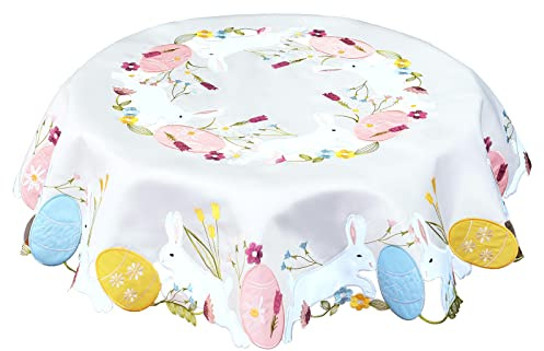 Simhomsen Kleine bestickte bunte Eier und Häschen Tischdeckendekoration für Ostern oder Frühling (rund, 84 cm)
