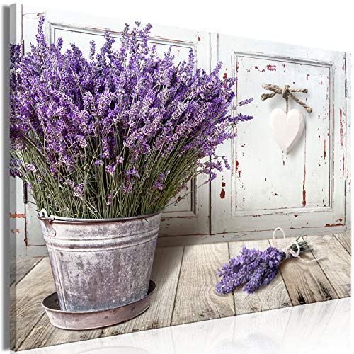murando - Wandbilder XXL Lavendel 60x40 cm Leinwandbild 1 tlg Kunstdruck modern Wanbilder XXL Wohnzimmer Leinwand Moderne Wanddekoration Design Wand Bild Blumen Holzoptik Vintage b-C-0647-b-a