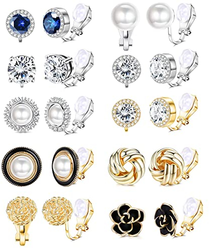 CASSIECA 10 Paar Clip Ohrringe für Damen Mädchen Gold Silber Nicht Durchbohrt Klips Kubischer Zirkon Ohrstecker Ohrringe Perlen Blumen Non Pierced Clip On Earrings