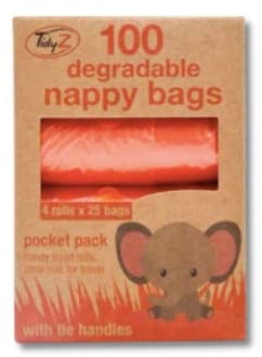 100 Large degradable nappy bags with tie handles - 4 pocket size rolls of 25, Orange