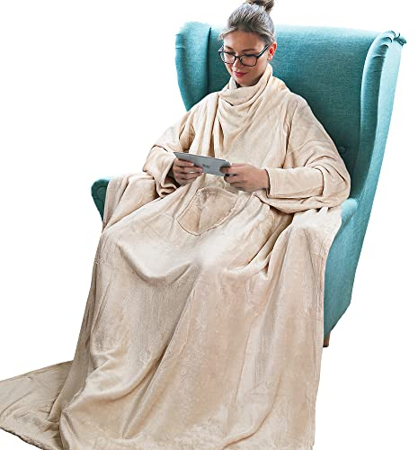 Catalonia Classy Tragbare Decke mit Ärmeln Geschenk für Erwachsene Frauen Männer, Extra Weiche Warme Kuschelige Mikroplüsch Leichte Fleece Kuschelige Körperdecke, TV Wrap Überwurf Decke mit Tasche