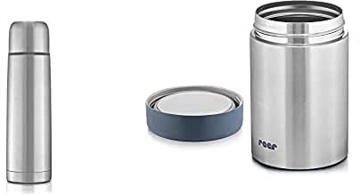 Bundle: reer Edelstahl Isolier-Flasche 450 ml –, mit integriertem Becher, silber (1er Pack) + Edelstahl-Warmhalte-Box für Baby-Nahrung, 300 ml, klein, handlich, ideal fürs Baby