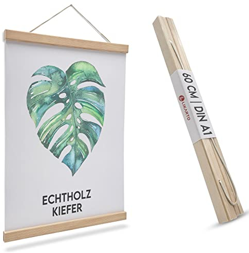 LIKARTO Premium-Posterleiste Holz Kiefer A1 | 60 cm - Hochwertige magnetische Bilderleiste aus Echtholz inklusive Lederband - Einfaches Bilder aufhängen