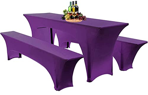 Elastische Hussen Für Bierzeltgarnitur Biertischhussen Bierbank-Auflage & Tischdecke 50 cm Oder 70 cm Tischbreite, 3 TLG Set Stretch Hussen Für Festzeltgarnituren Bierbank (50cm,Purple)