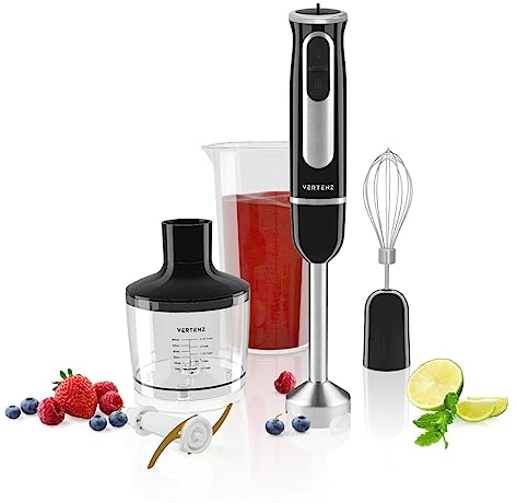 VERTENZ Titan 40 | Stabmixer Elektrischer 3-en-1 | Mix- und Messbecher 860ml | Schneebesen | Zerkleinerer 600ml | 800 W | Stahl-Mixfuß Titanbeschichteten Klingen | 8 Stufen plus Turbo | Schwarz