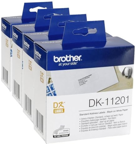 Brother DK-11201 Label Roll, Standard Address Labels, Black on White, 400 Labels, 29 mm (W) x 90 mm (L), Brother Genuine Supplies (Pack of 4)