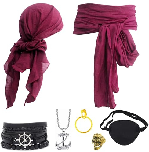 7PCS Mittelalter Piratenkostüm Zubehör Set Damen Herren Piraten Verkleidung Accessories Kopftuch Augenklappe Ohrringe Halskette Armband Hüfte Tuch für Halloween Cosplay Party