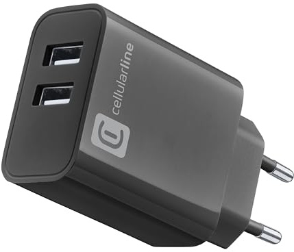 Cellularline - MULTIPOWER 24W Ladegerät mit Zwei USB-A Anschlüssen - Ausgestattet mit Device Detect Technology: erkennt das angeschlossene Telefon und liefert die richtige Ladung - Schwarz
