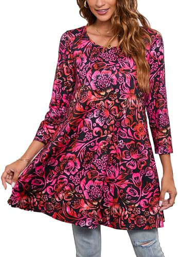 Enmain Tunic Tops for Women UK 3/4 Long Sleeve Ladies Tunics Loose Casual Tunic Top for Leggings Round Neck Blouses Shirts Black & Red L