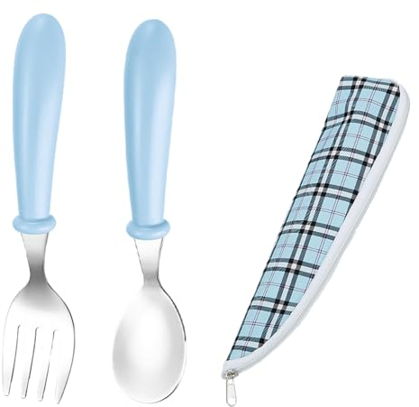DHWEKU Cubiertos Infantiles de Acero Inoxidable,1 Pieza Juego de Tenedor y Cuchara para Niños,Cubiertos Bebés,Juego de Cubiertos para Niños(Azul)