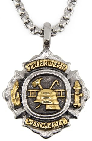 4U and FRIENDS Jugendfeuerwehr Anhänger 3cm mit Halskette 65cm - teilvergoldet aus Edelstahl | Jugend Feuerwehr 3D Emblem Kettenanhänger, Schmuck | Medaille Jugendfeuerwehr | Feuerwehr Geschenke