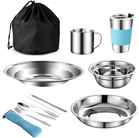 Generic Camping Cutlery Set,Stainless Steel Camping Mess kit Including Cutlery Spoons Mug Bowls & Plates, Organizer Straps Easy to Carry for Backpacking, Camping, Hiking and Picnics, MH977