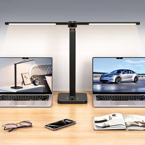 Veetop LED Desk Lamp, Double Head Table Lamps Desk Light, Wide & Bright, 5 Color Modes & 5 Brightness Levels, Touch Control with Base, Eye-Caring Table Light for Studying, Working,Reading