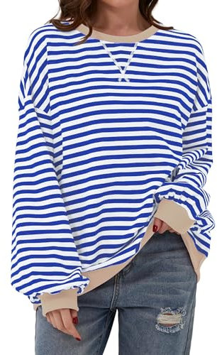 Timuspo Oversize Dünne Pullover Damen Baumwolle Bequeme Sweater Y2k Herbst Winter Sweatshirt Streifenshirt Ohne Kapuz Langarmshirt Oberteile Blau XL