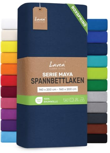 Lavea® Spannbettlaken 140-160x200 cm - für Boxspringbett – Galaxyblau | Jersey Spannbetttuch mit 40 cm Steghöhe, 100% Baumwolle, weich, atmungsaktiv, pflegeleicht, formstabil – Perfekte Passform