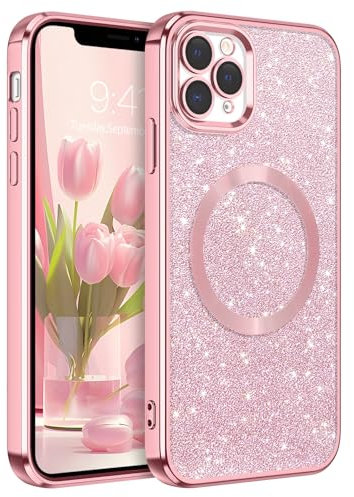 BENTOBEN Funda Magnética para iPhone 11 Pro[Compatible con Magsafe] Carga Inalámbrica Carcasa iPhone 11 Pro Funda Ultra Delgada Brillante Purpurina Silicona Resistente Anti-Arañazos Anti-Golpes-Rosa