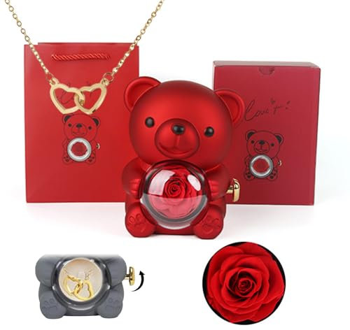 Engraved Heart Necklace - with Real Rose Bear Giftbox, Preserved Rose Hug Bear Gifts for Women with Heart Necklace, Flip bear jewelry box Gift for Women Anniversary Valentines Day (Red/1pcs)